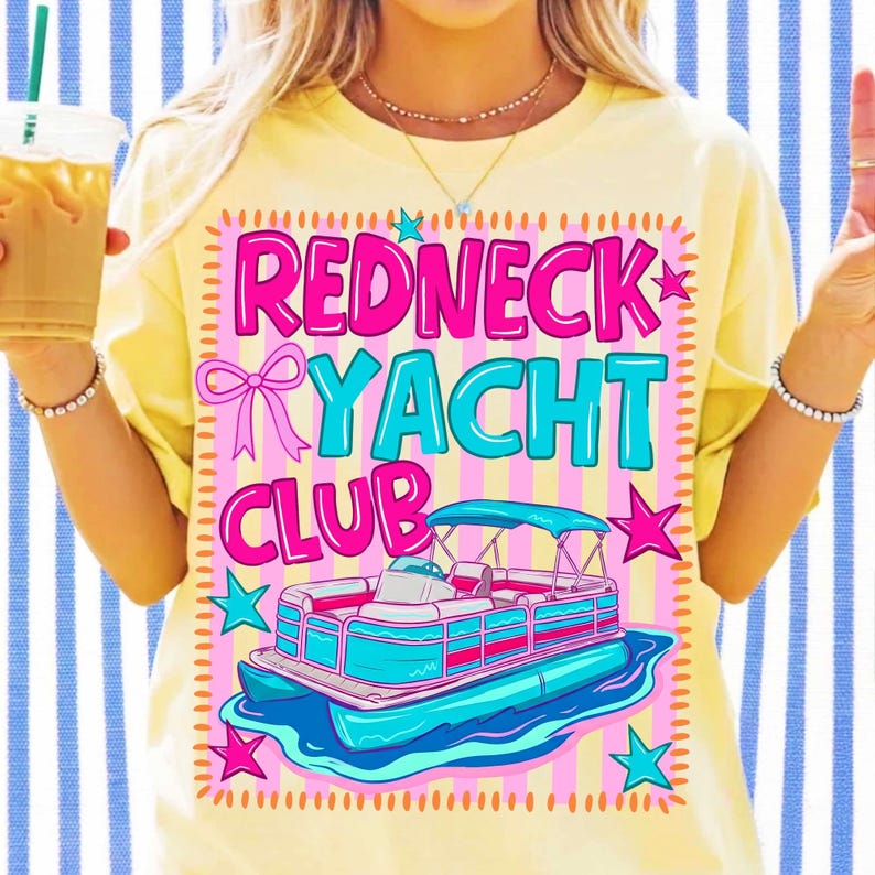 Redneck Yacht Club PNG sublimation design featuring a pontoon boat, preppy pink bow, and lake life theme in retro style.
