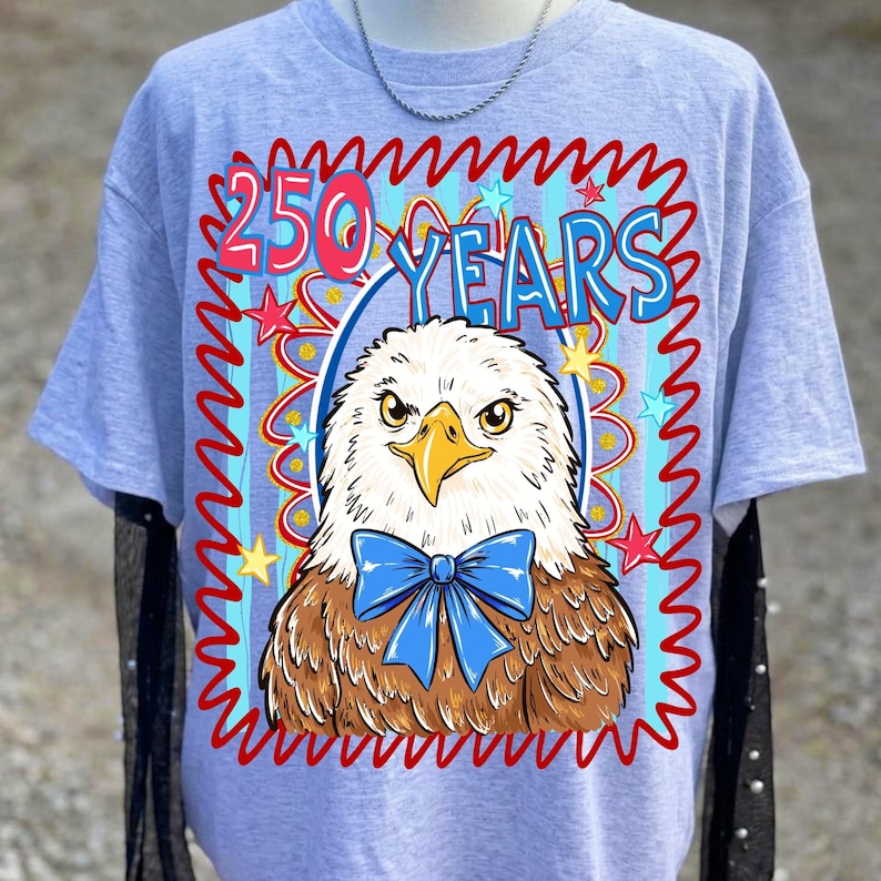 A close-up of the "USA 250th Anniversary Eagle" sublimation design featuring a majestic eagle, a coquette bow, and patriotic colors.