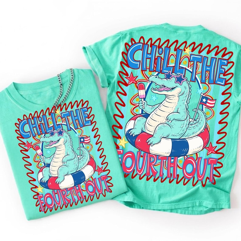Chill The Fourth Out PNG design featuring a retro patriotic alligator wearing sunglasses and a USA hat