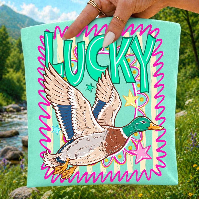 Retro Preppy Lucky Duck Mallard PNG Design in Teal and Pink