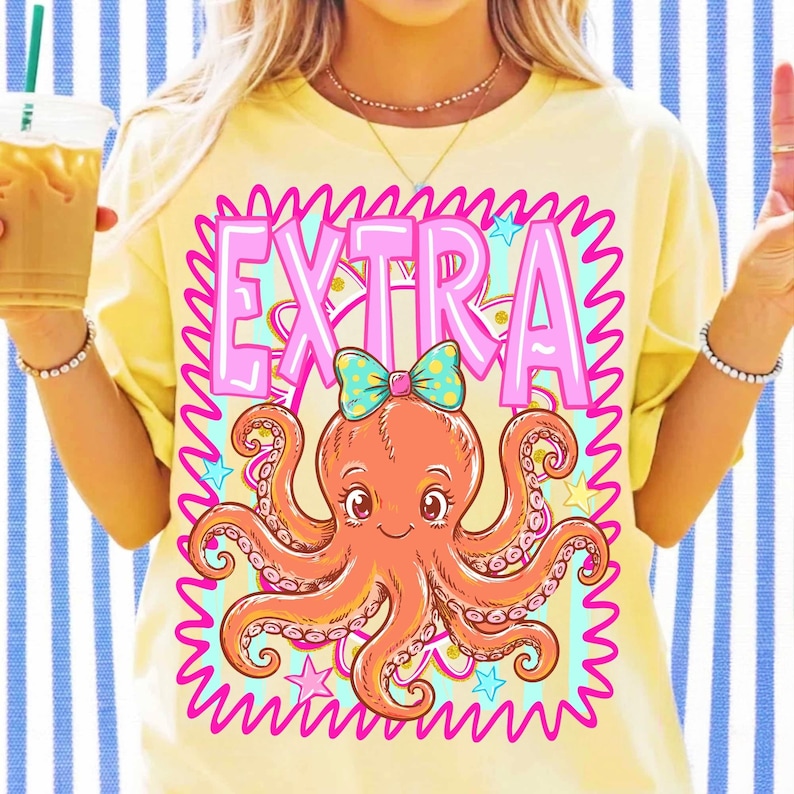 Extra Octopus PNG design with vibrant coastal neon colors and retro bubble lettering.