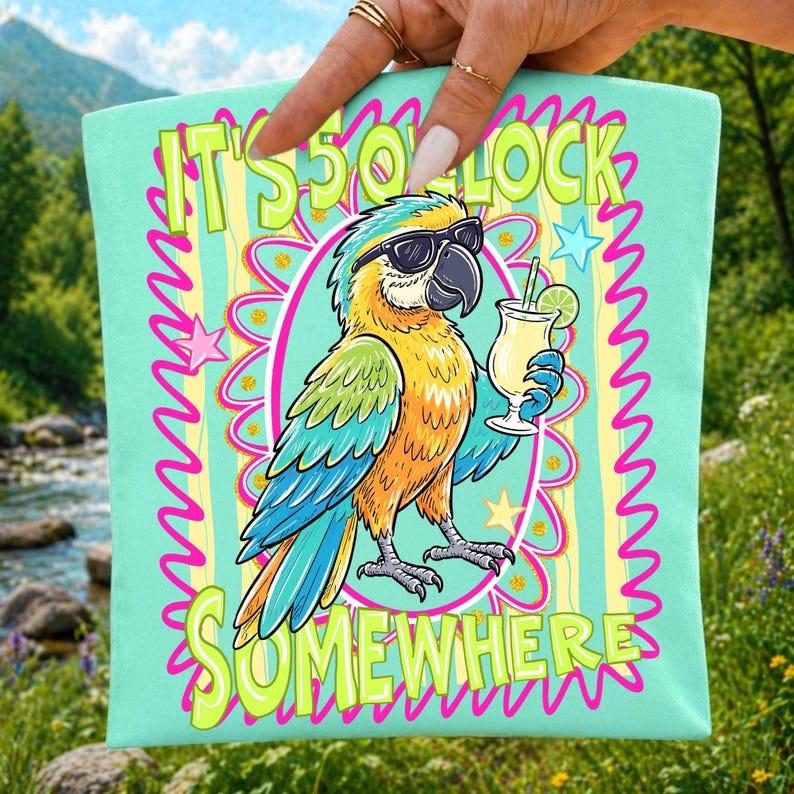Image of Funny Retired Parrot PNG Striped Summer Sublimation It's 5 o'clock Somewhere Tropical Sunset Clipart Beach Vibes Boutique Girly Digital Art