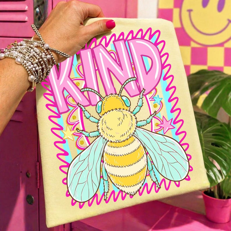 'Be Kind Bee' preppy summer digital design featuring a floral bee with striped elements.