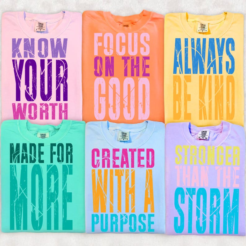 Uplifting Christian inspirational and self-love quotes in distressed retro style on a t-shirt mockup.