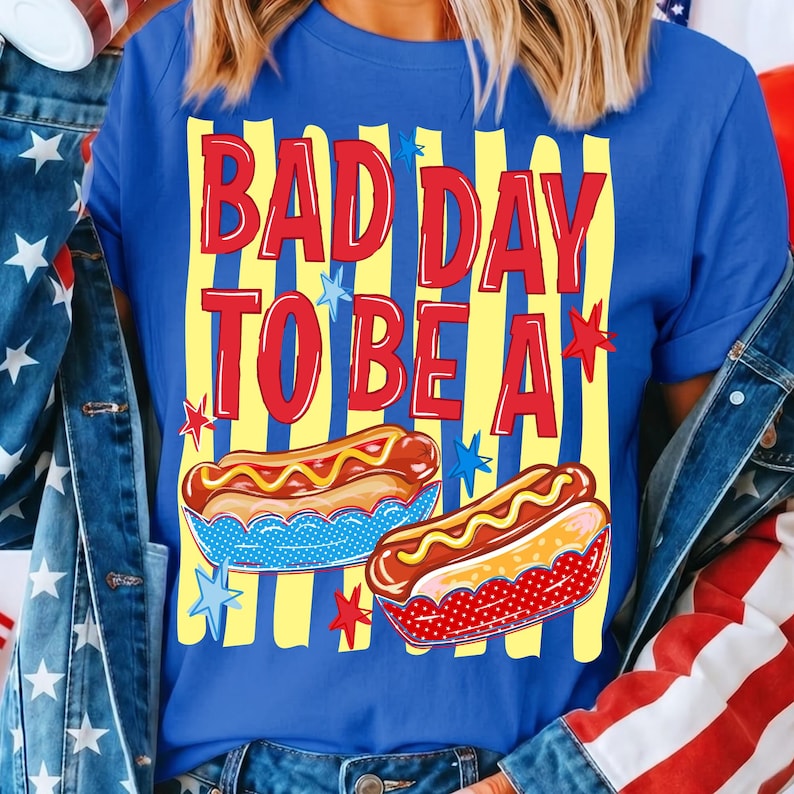Bad Day To Be A Hot Dog PNG sublimation design on a t-shirt, retro 4th of July humor.