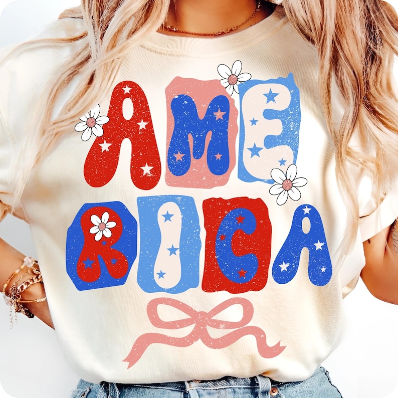 Image of America PNG 4th of July Coquette Bow Sublimation Design Retro Patriotic Independence Day Shirt Graphic Vintage USA Flag Daisy Red White Blue