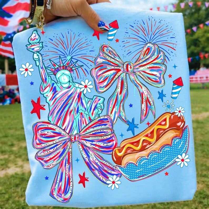 Vibrant Coquette 4th of July Statue of Liberty PNG design with bow and hot dog detail.