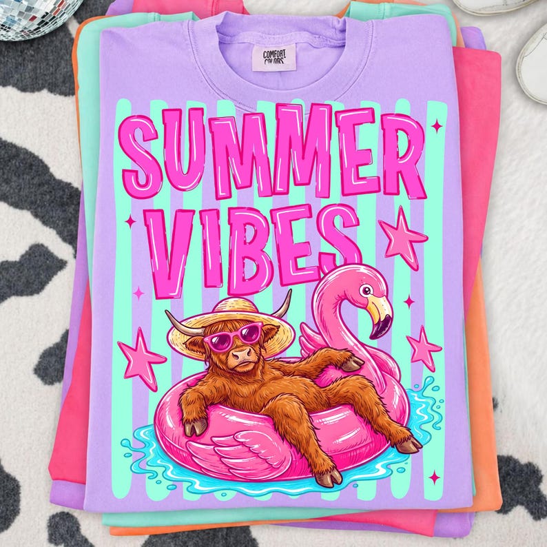 Summer Vibes Highland Cow PNG on a flamingo float with retro bubble lettering