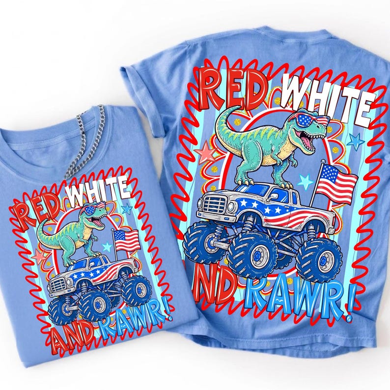 Image of Red White and Rawr PNG 4th of July Dinosaur Monster Truck Sublimation Design Patriotic Kids Shirt Design American Flag T-Rex PNG Download