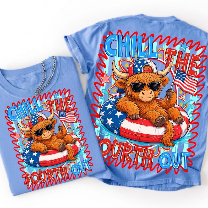 Chill the Fourth Out Patriotic Highland Cow PNG sublimation design preview on a t-shirt