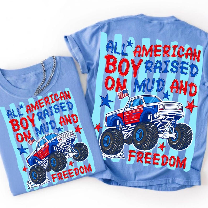 All American Boy Monster Truck PNG design with fireworks and stars, perfect for 4th of July apparel.