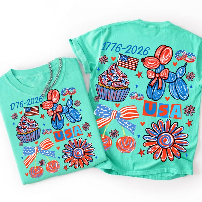 America 250th Retro 4th of July Sublimation Design with Coquette Bow and USA Balloon Dog
