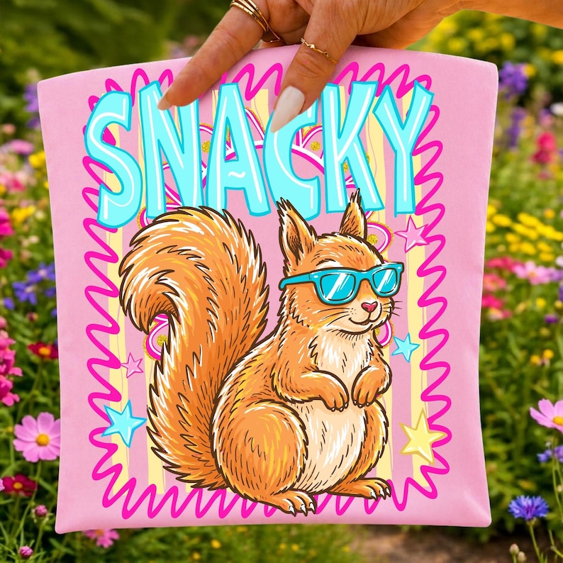 Snacky Squirrel PNG digital design showcasing a squirrel with sunglasses and retro typography on a summer background.