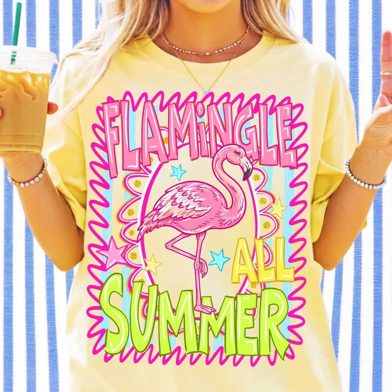 Flamingle All Summer retro flamingo sublimation design on a vibrant t-shirt mock-up