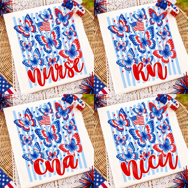 Retro 4th of July Patriotic Nurse Butterfly PNG Sublimation Design