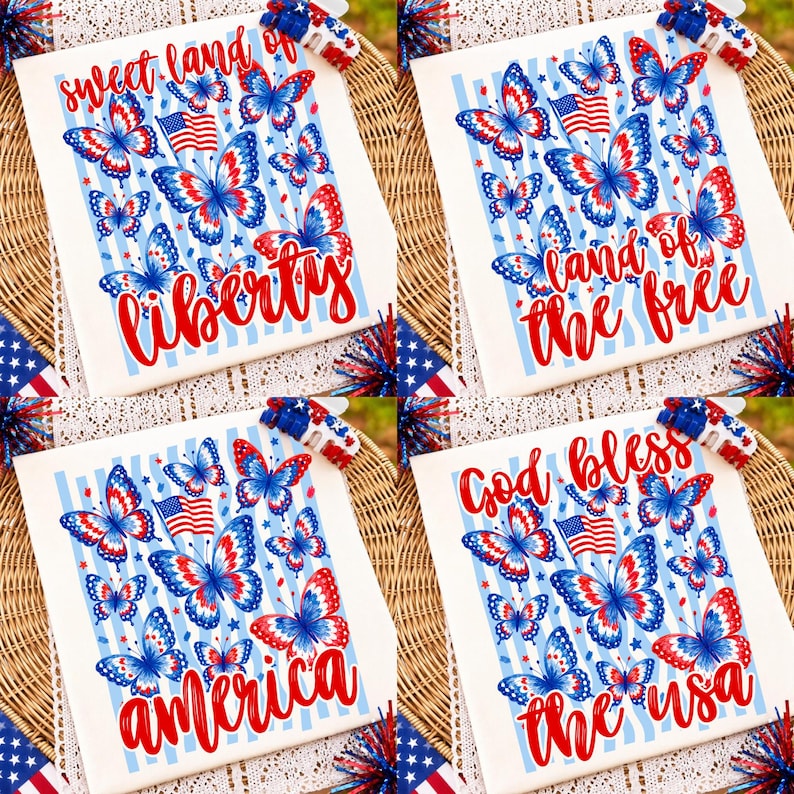 Preppy Coastal 4th of July Striped Butterfly PNG Designs