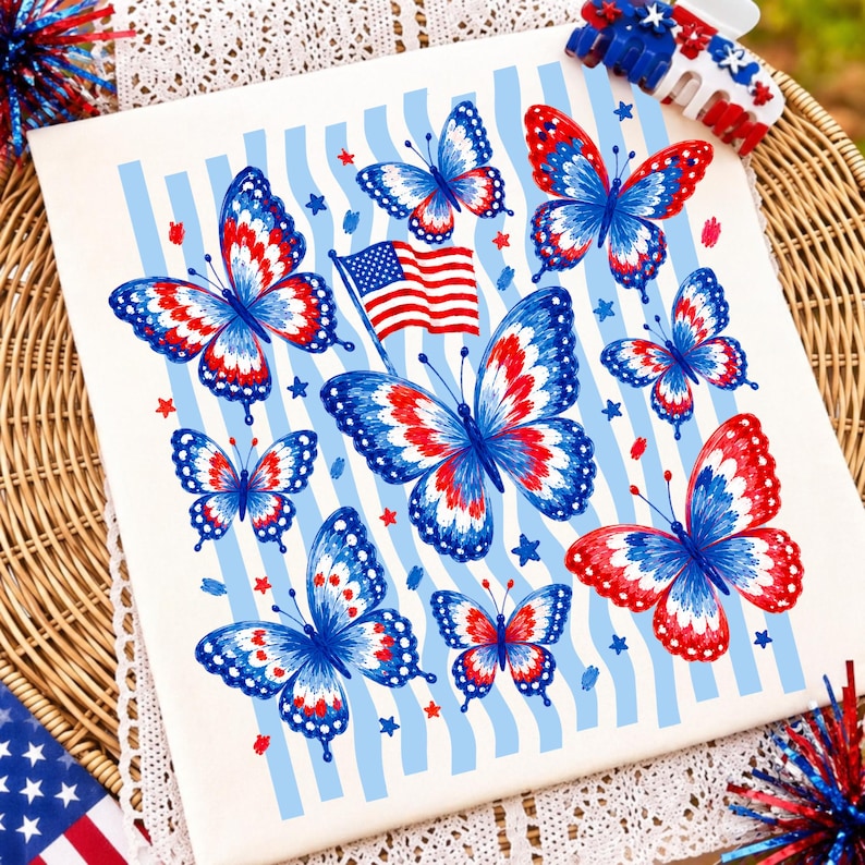 Patriotic American Flag Butterfly Sublimation Design on T-Shirt