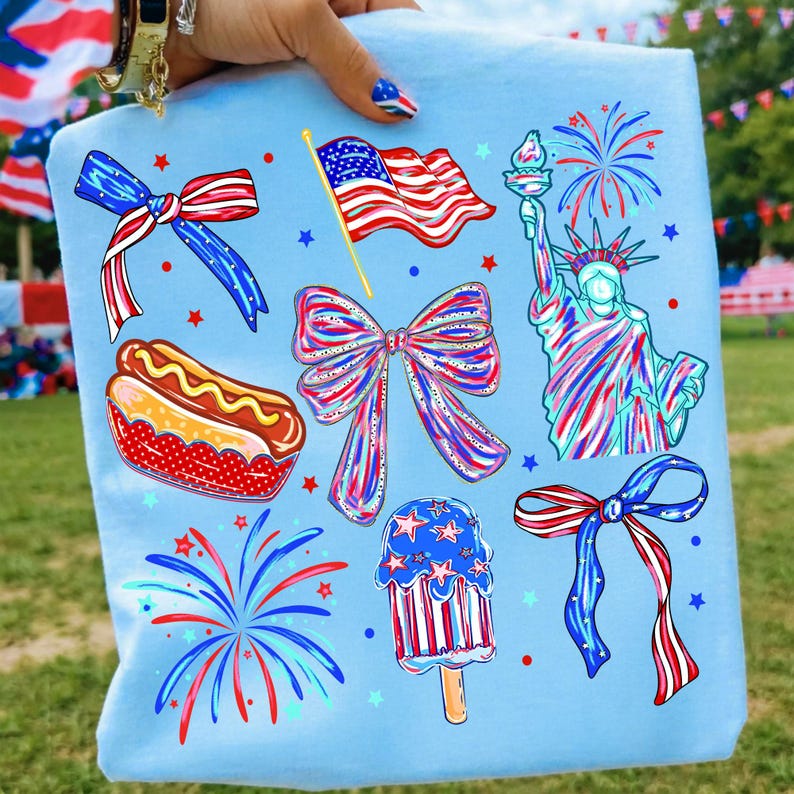 Vibrant 4th of July PNG design featuring a Statue of Liberty with American Coquette bows and USA flag elements, perfect for sublimation.