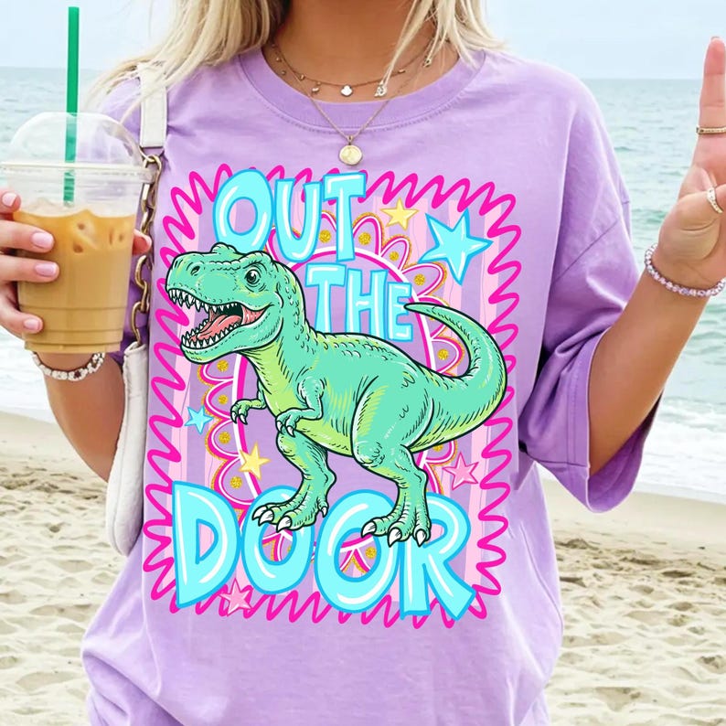 Vibrant 'Out The Door Dinosaur' PNG design featuring a retro T-Rex with neon colors, perfect for end-of-school sublimation.