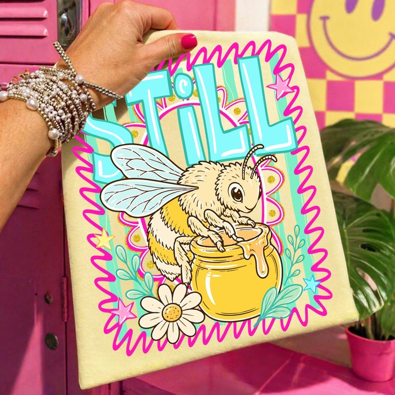Be Still Bee Christian Summer Sublimation Design PNG featuring a bee, honey pot, and floral doodle elements