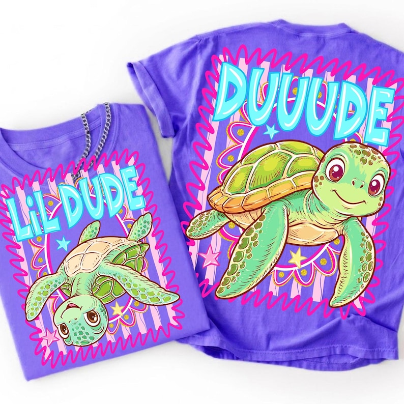 Father and son wearing matching Duuude and Lil Dude sea turtle shirts for a family vacation.