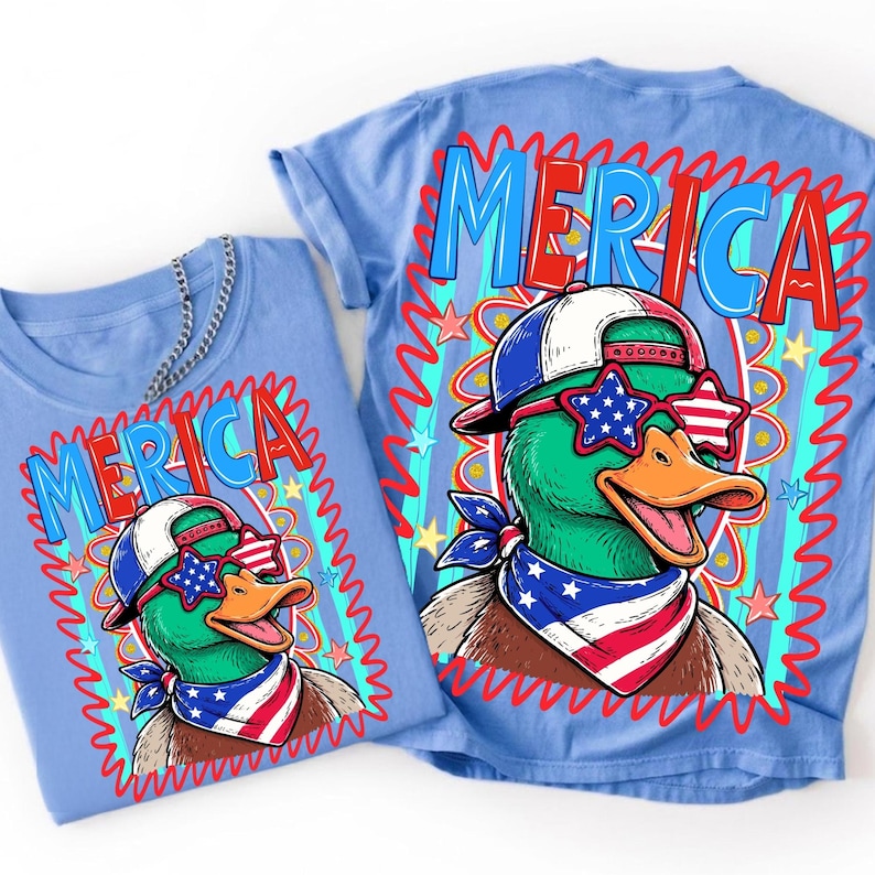 Retro Merica Duck 4th of July PNG sublimation design on a t-shirt