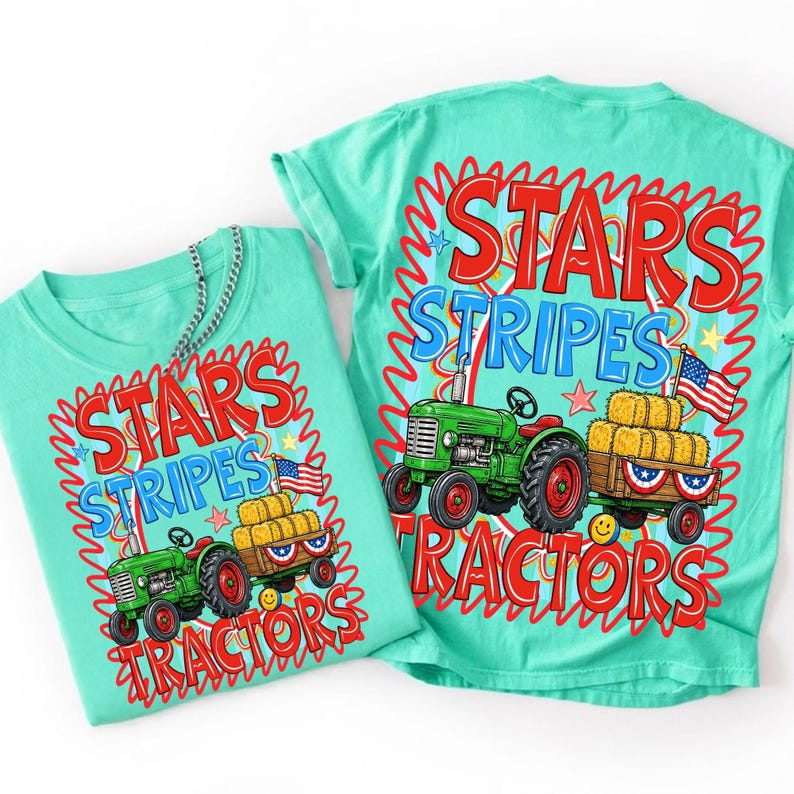 Stars Stripes and Tractors 4th of July PNG Sublimation Design for Kids T-Shirts
