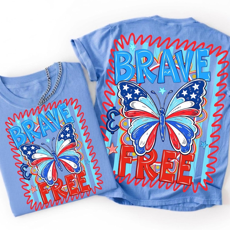 Brave and Free Patriotic Butterfly Sublimation Design with American Flag colors
