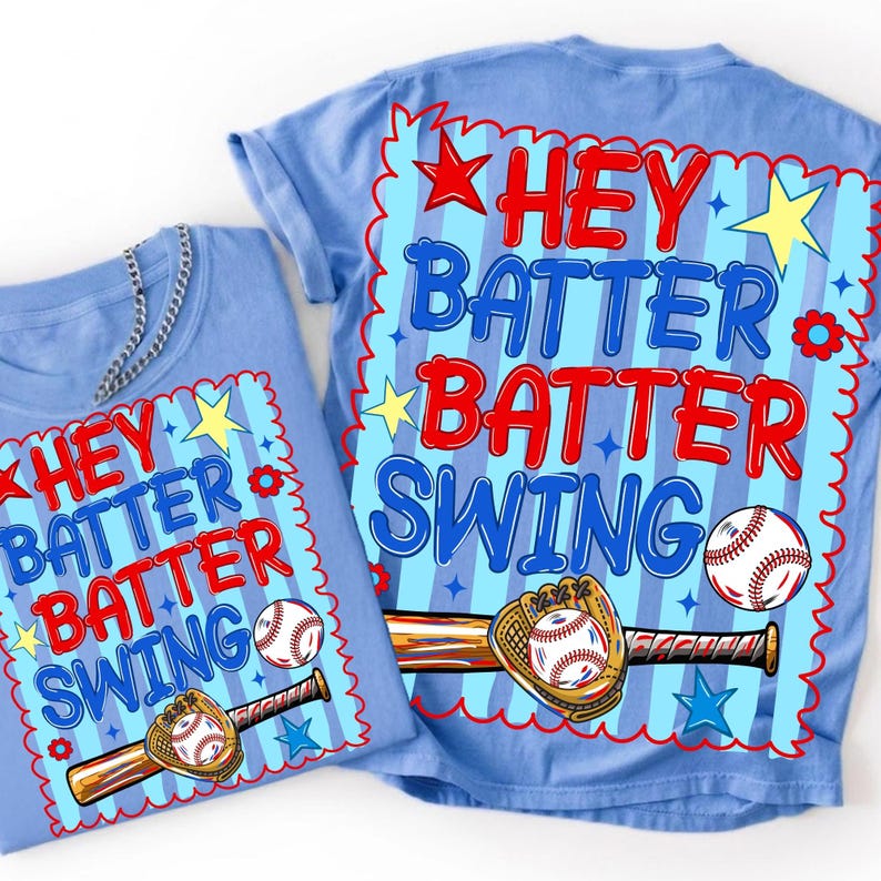 Hey Batter Batter Swing Patriotic Baseball PNG Design mockup on a t-shirt
