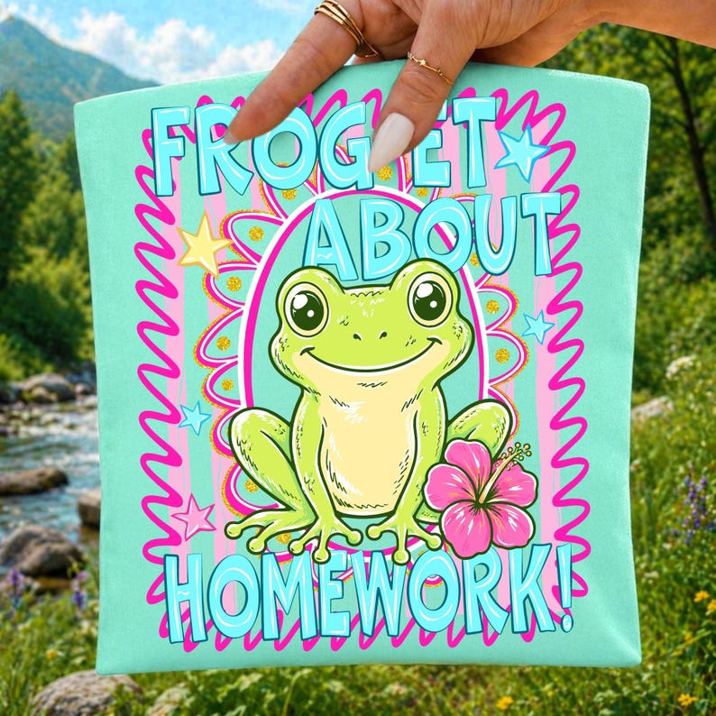 Vibrant 'Frog-et About Homework' retro frog sublimation design with hibiscus and stars on a white background.