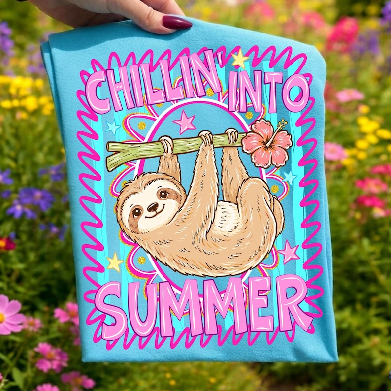 Retro Chillin Sloth PNG with tropical hibiscus flowers for summer sublimation designs