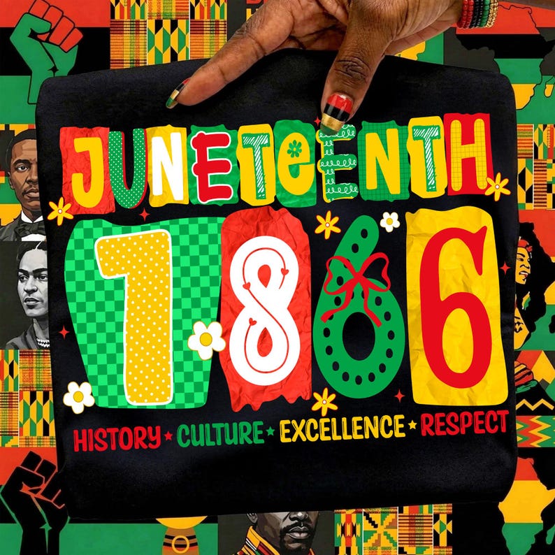Vibrant Juneteenth 1865 PNG Bundle featuring Afrocentric woman design with bold typography.