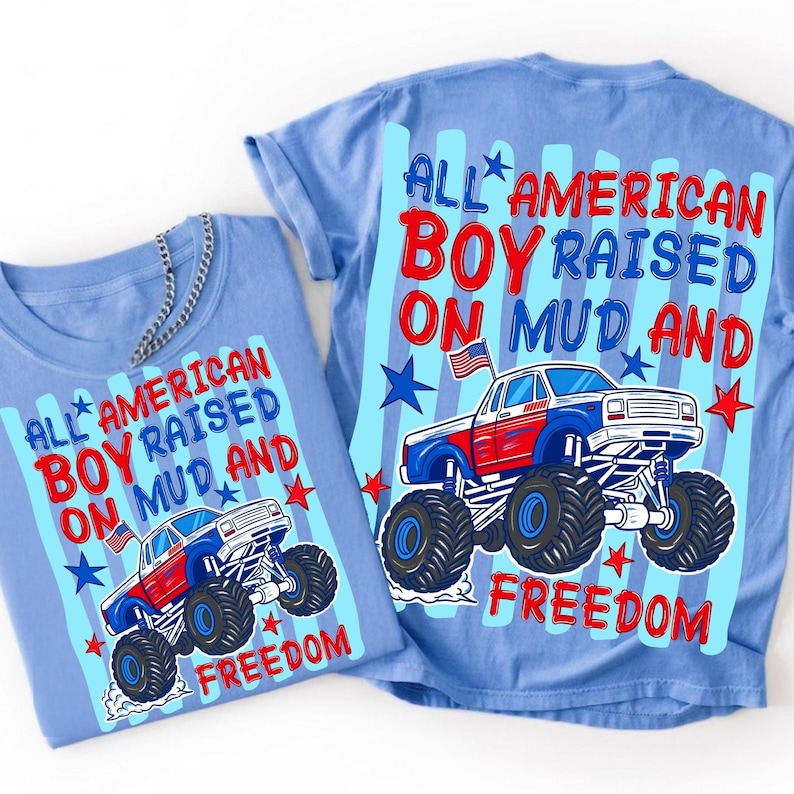Vibrant All American Boy monster truck 4th of July PNG design with distressed flag accents.