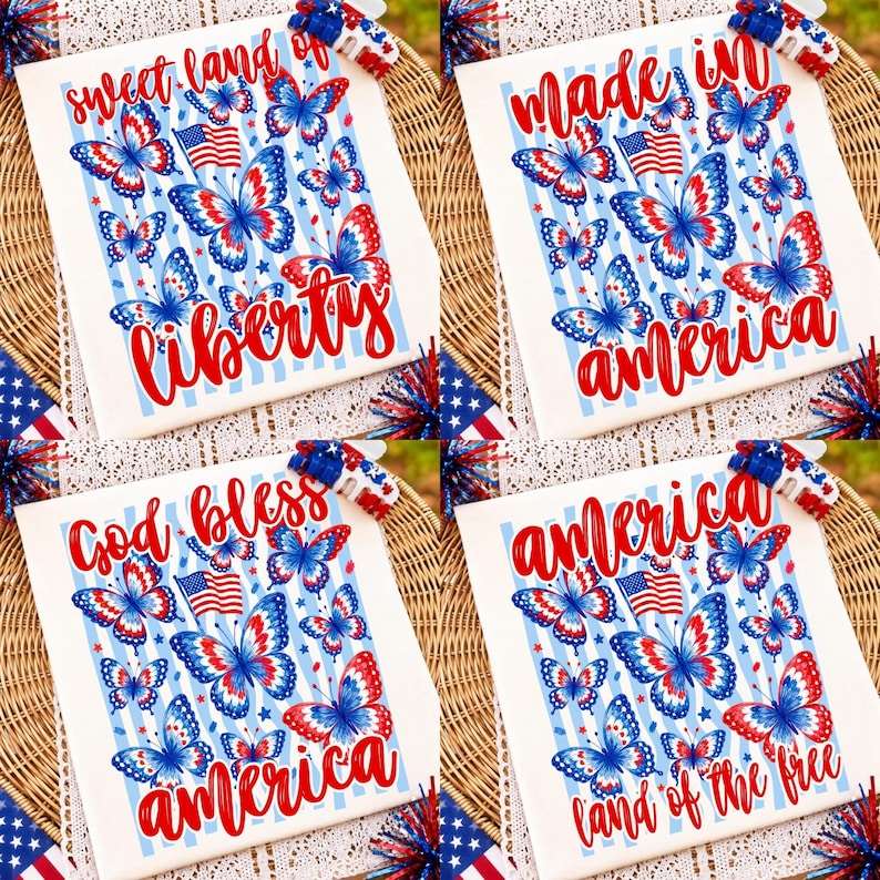 Vibrant 4th of July PNG bundle featuring a preppy striped butterfly and ditsy floral elements, perfect for sublimation.