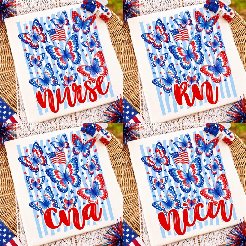 Patriotic USA Butterfly PNG Bundle featuring ditsy floral and striped butterfly designs for 4th of July sublimation projects.