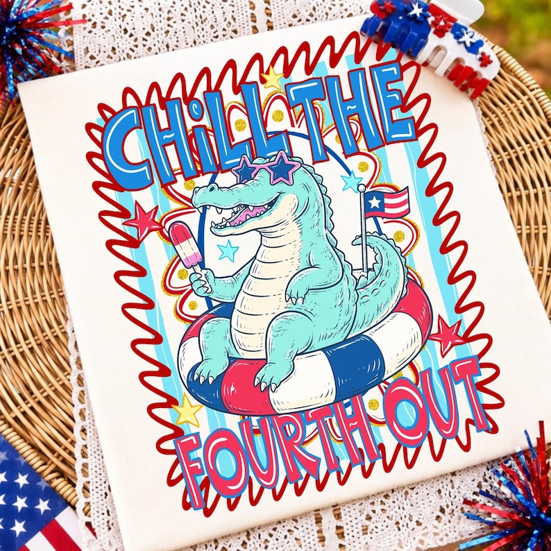 Funny 'Chill the Fourth Out' T-Rex dinosaur wearing a patriotic hat, perfect for 4th of July shirts.