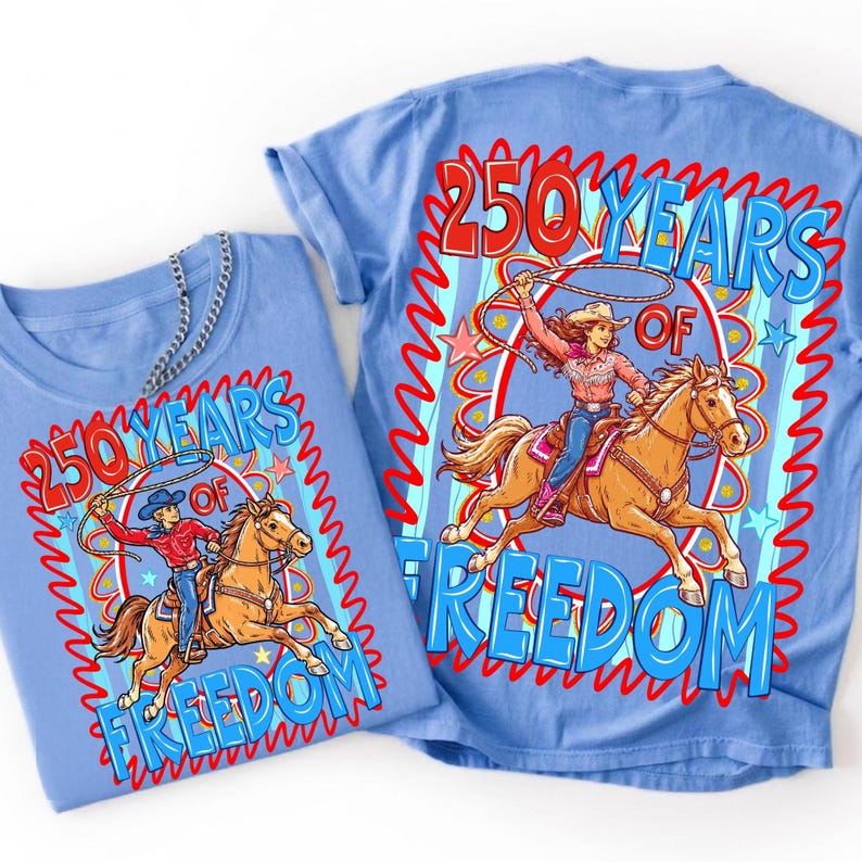 Western 4th of July PNG design featuring 'Freedom 250' with cowboy boots and hats in patriotic USA colors.