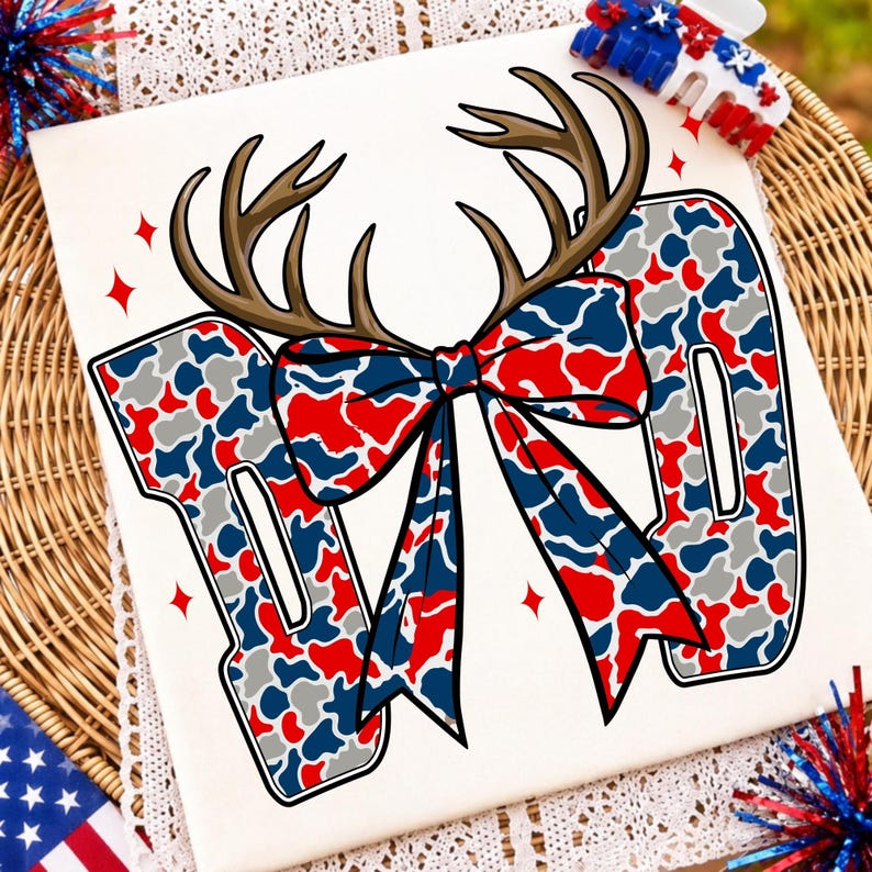 Patriotic Hunting Dad PNG on a t-shirt with American flag camo and duck silhouettes