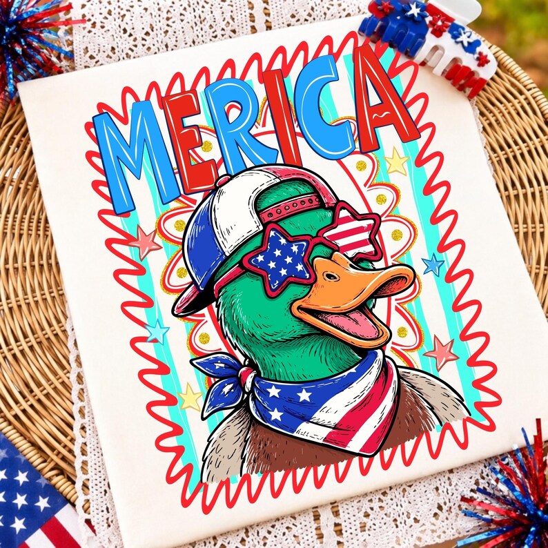 Vibrant Merica Duck PNG design with retro stripes for 4th of July crafts