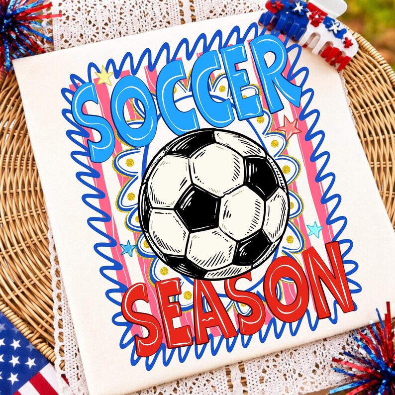 USA Soccer 2026 PNG design on a patriotic t-shirt mockup, showcasing distressed athletic texture.