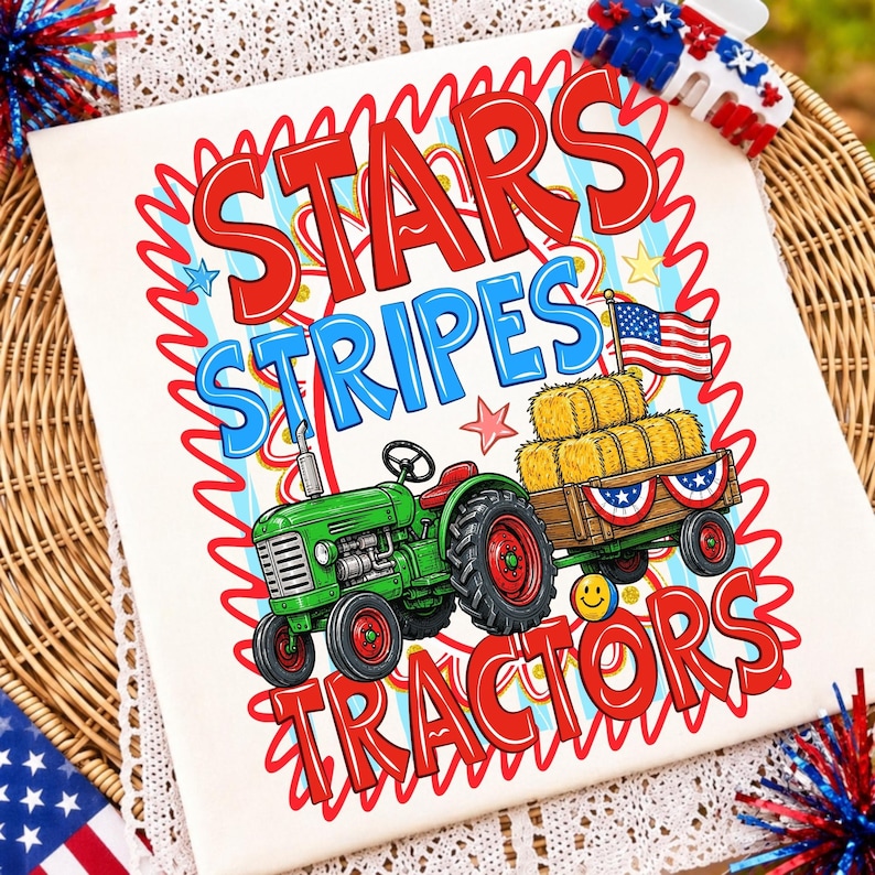 Vibrant Patriotic Tractor PNG Font with Stars and Stripes design.