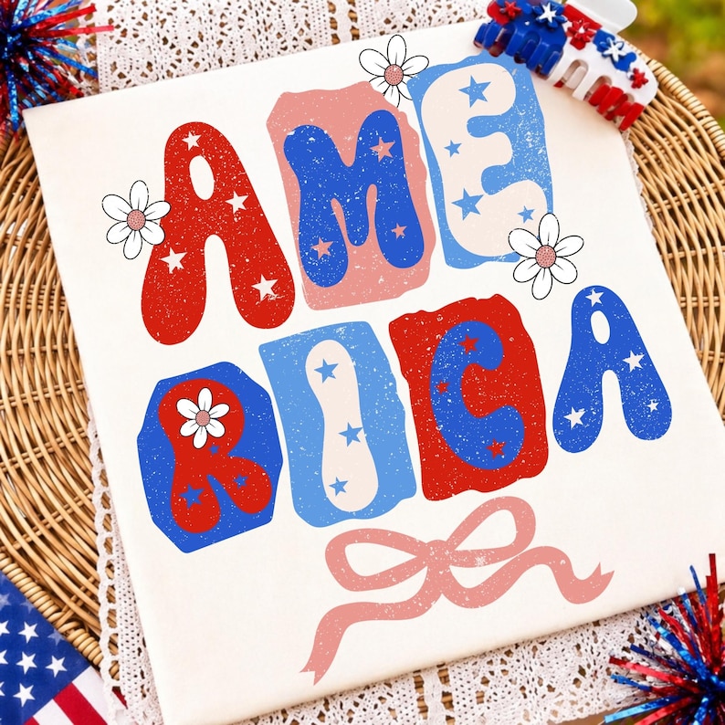 Retro USA Flag PNG Patriotic Ditsy Floral Sublimation Design