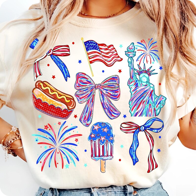 Coquette 4th of July PNG alphabet letters with red, white, and blue bows and stars.