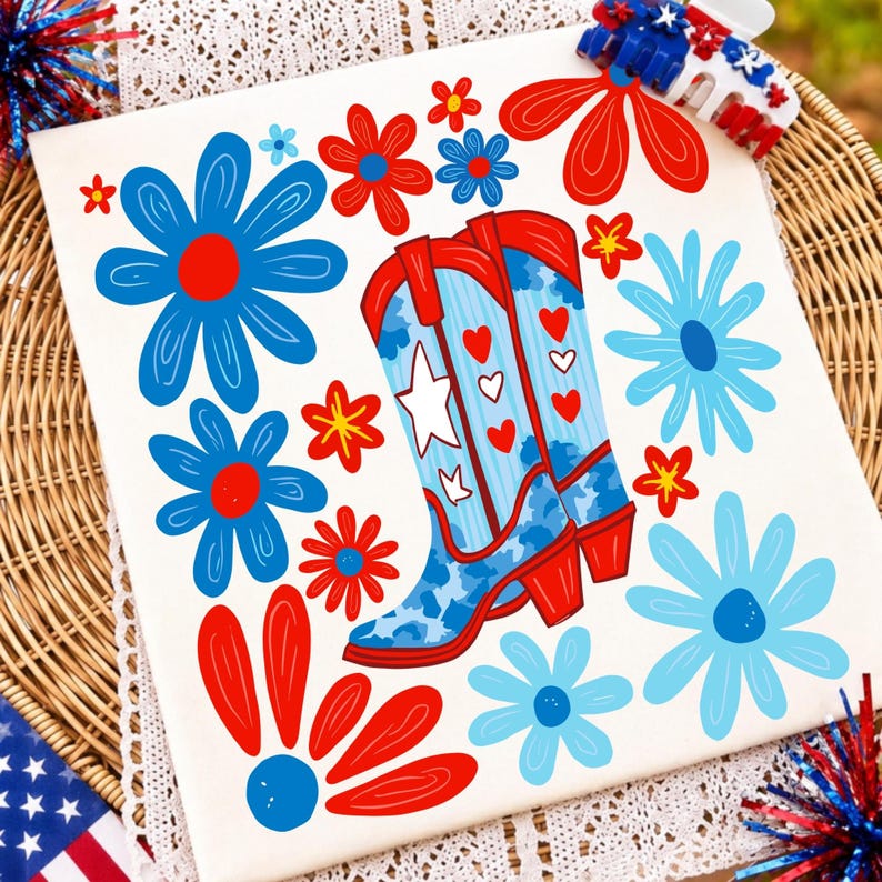 Patriotic Boho Floral Cowgirl Boots Sublimation Design with American Flag Brushstrokes