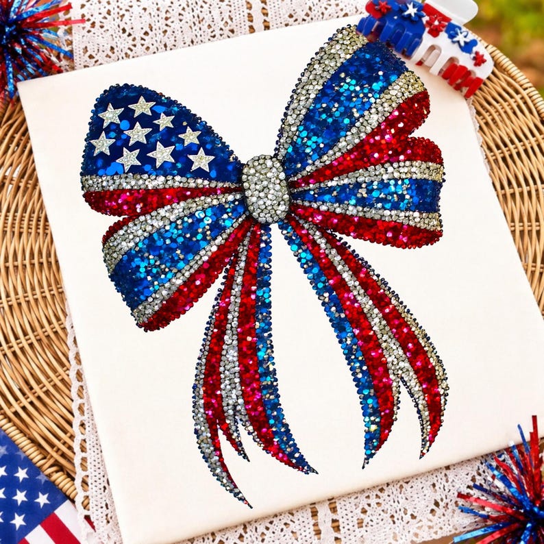 USA Patriotic Coquette Bow PNG Faux Rhinestone Design for 4th of July