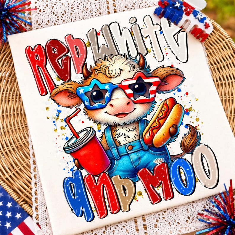 Red White and Moo Highland Cow PNG design for 4th of July sublimation