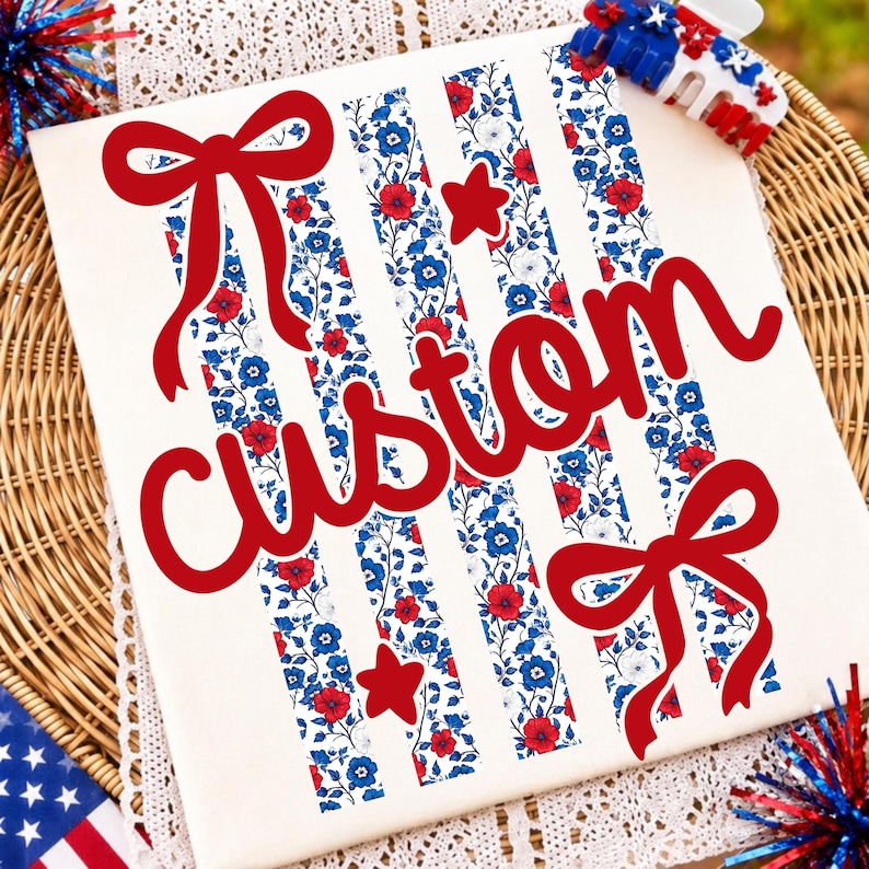 Image of Custom 4th of July Name PNG Custom Patriotic Coquette Bow Sublimation Design Retro Striped USA Shirt PNG Personalized July 4 Text Clipart