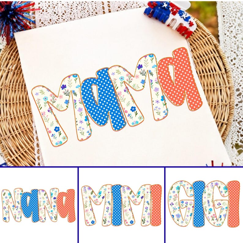 Image of Retro American Mama PNG 4th of July Sublimation Design, Preppy Floral Patriotic Nana Gigi Mimi USA Graphic, Independence Day DTF Clipart