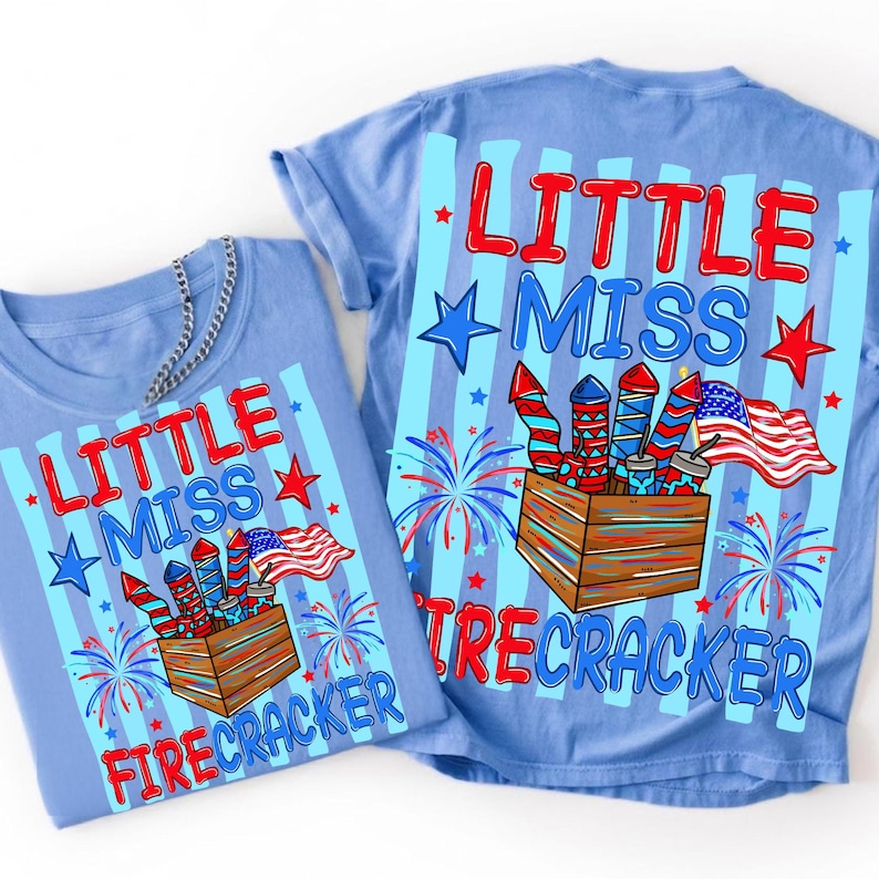 Little Miss Firecracker retro sublimation design on a kids' t-shirt, celebrating 4th of July with red, white, and blue colors.