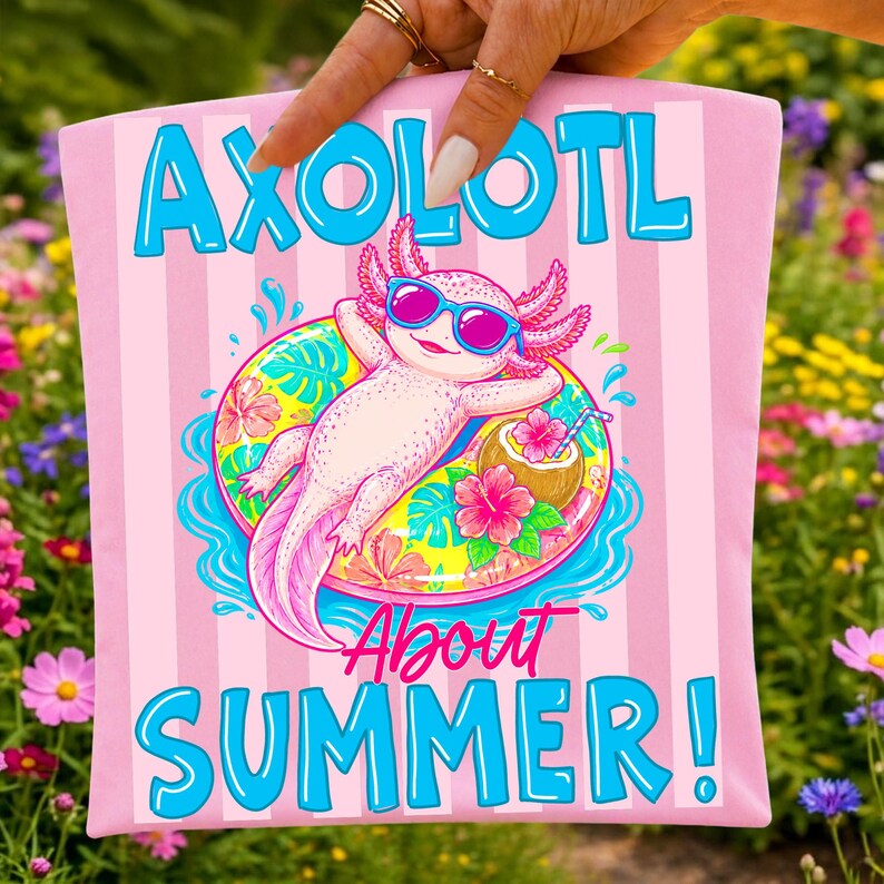 Kawaii pink axolotl summer sublimation design on a t-shirt mock-up with tropical leaves.